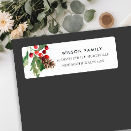 赤い緑のホリーベリーパインコーン新年の住所 ラベル