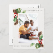 赤い緑のホリーベリーパインコーン新年の写真 ポストカード (正面/裏面)