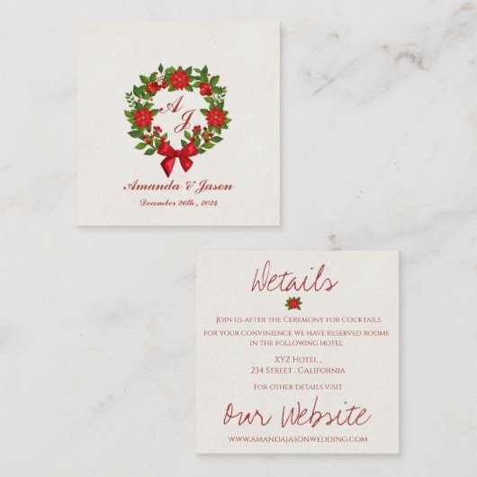 赤い緑のポインセチア・モノグラム結婚クリスマス エンクロージャーカード (正面/裏面)