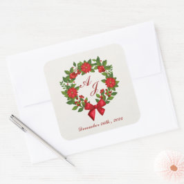 赤い緑のポインセチア・モノグラム結婚クリスマス スクエアシール