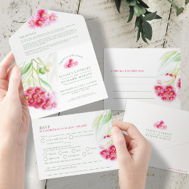 赤い緑のユーカリのグミの水の色結婚の オールインワン招待状