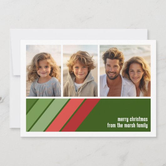 赤い緑のレトロストライプ- 3枚のフォトコラージュ シーズンカード (正面)