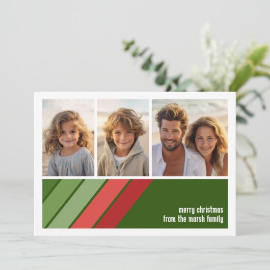 赤い緑のレトロストライプ- 3枚のフォトコラージュ シーズンカード (スタンド正面)