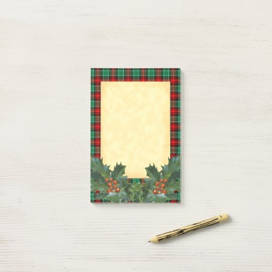 赤い緑の休日の格子模様とホリーステッキー ポストイット (デスク上)