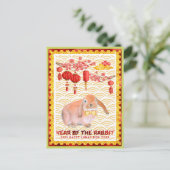 赤い緑の幸せな月の新年うさぎ シーズンポストカード (スタンド正面)