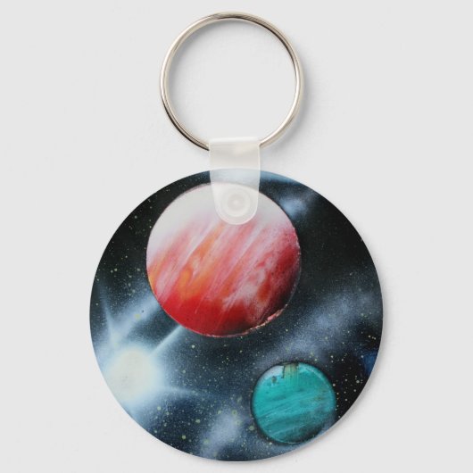 赤い緑の惑星と白い星の拡大 キーホルダー (正面)