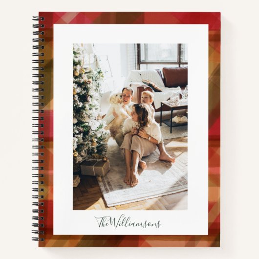 赤い緑の抽象芸術格子模様素朴写真クリスマス ノートブック (正面)