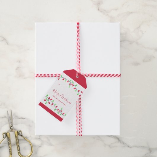 赤い緑の文字列ライトクリスマスホリデー ギフトタグ (より糸付き)