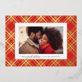 赤い緑の書モダン道クリスマス金ゴールドのプレイド 箔シーズンカード (正面)