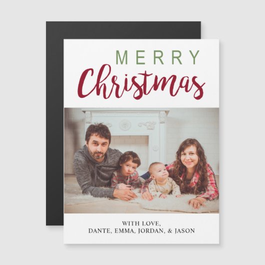 赤い緑の書道楽しいクリスマス家族の写真 (正面/裏面)