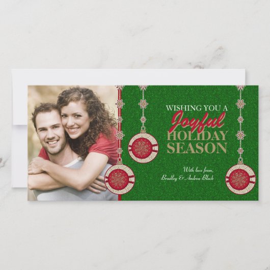 赤い緑の木のオーナメントクリスマスの写真カード シーズンカード (正面)