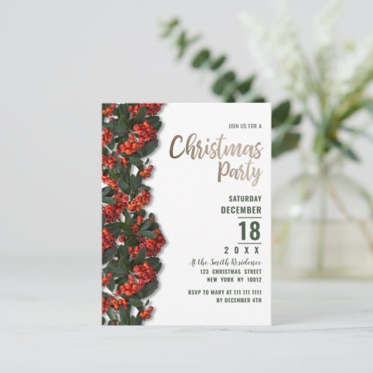 赤い緑の果実離れの冬のクリスマスパーティー インビテーションポストカード (スタンド正面)