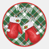 赤い緑の格子模様のサンタ赤のミトン ラウンドシール (正面)