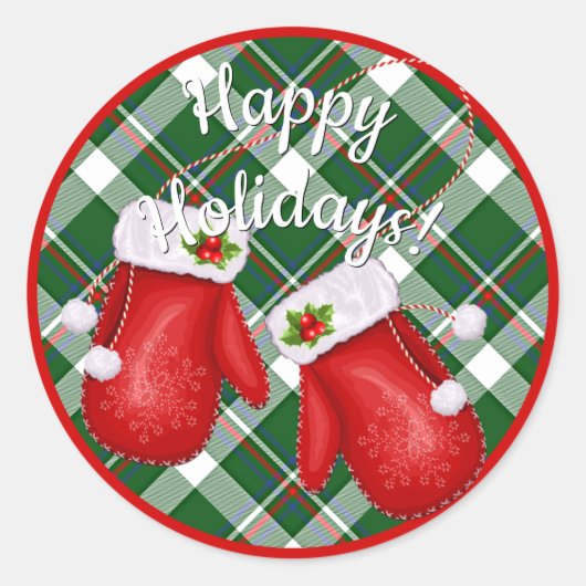 赤い緑の格子模様のサンタ赤のミトン ラウンドシール (正面)