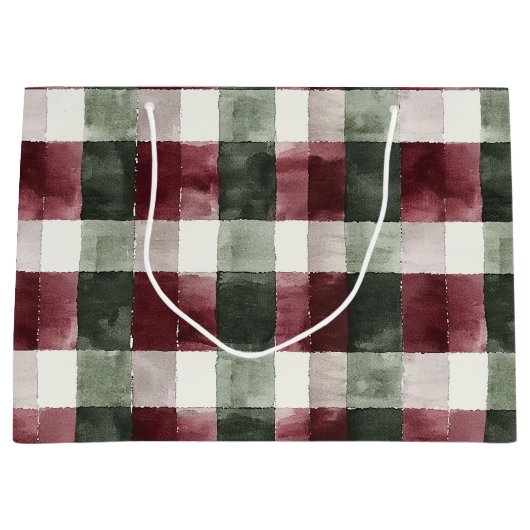 赤い緑の格子模様のストライプクリスマス素朴 ラージペーパーバッグ (正面)