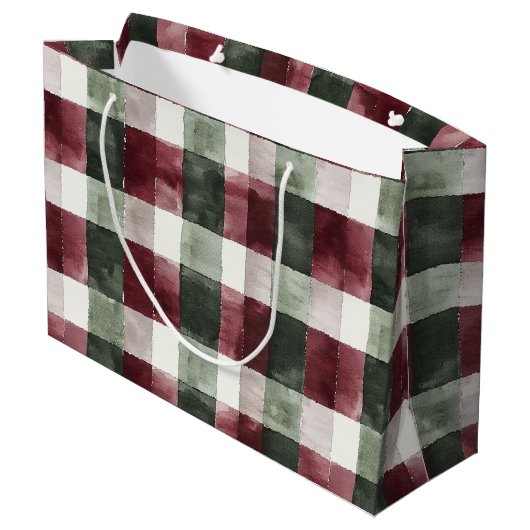 赤い緑の格子模様のストライプクリスマス素朴 ラージペーパーバッグ (裏面アングル)