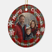 赤い緑の格子模様の写真の白い雪 セラミックオーナメント (左)