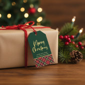 赤い緑の格子模様の金箔のスクリプトメリークリスマス ギフトタグ