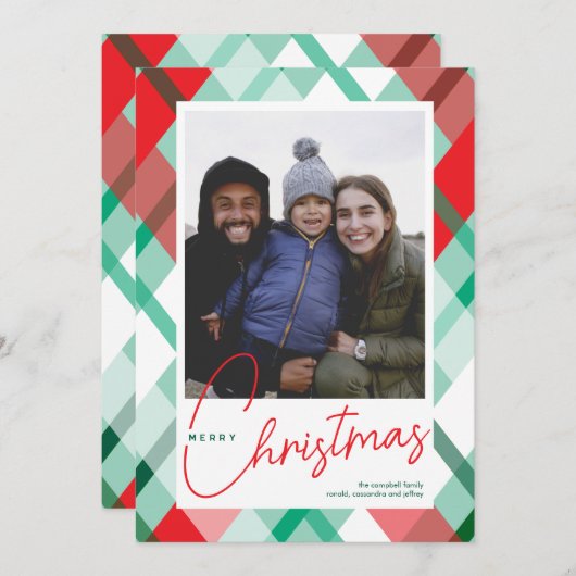 赤い緑の格子模様クリスマスフォトカード シーズンカード (正面/裏面)