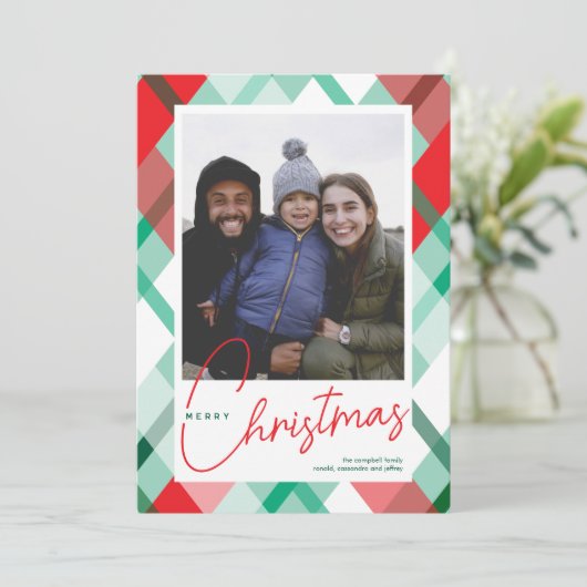 赤い緑の格子模様クリスマスフォトカード シーズンカード (スタンド正面)