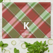 赤い緑の格子模様クリスマスモノグラムパーソナライズされた キッチンタオル (折り畳み)