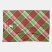 赤い緑の格子模様クリスマスモノグラムパーソナライズされた キッチンタオル (横)