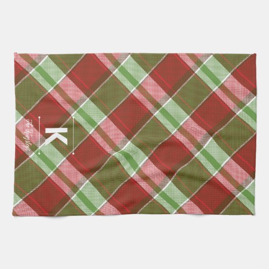 赤い緑の格子模様クリスマスモノグラムパーソナライズされた キッチンタオル (横)