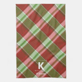 赤い緑の格子模様クリスマスモノグラムパーソナライズされた キッチンタオル (縦)