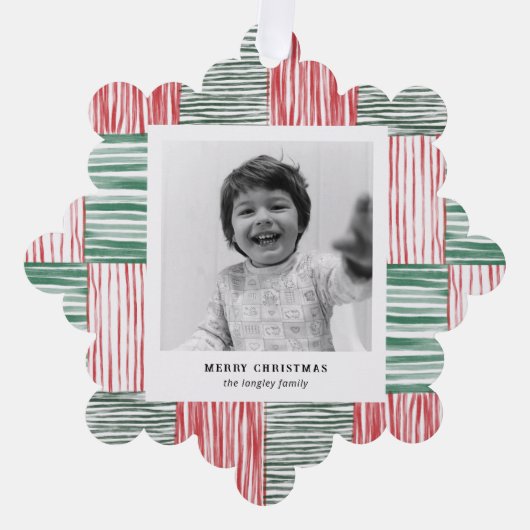 赤い緑の水の色のストライプパターン1枚 オーナメントカード (正面)