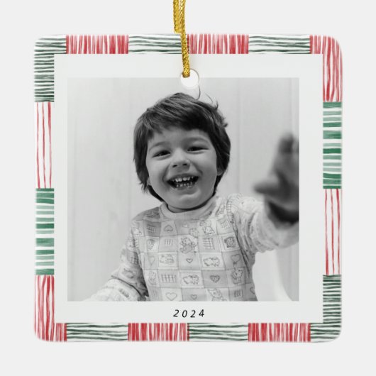 赤い緑の水の色のストライプパターン1枚 セラミックオーナメント (正面)