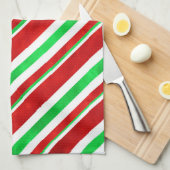 赤い緑の水の色キャンディーケインストライプ2 キッチンタオル (四つ折り)