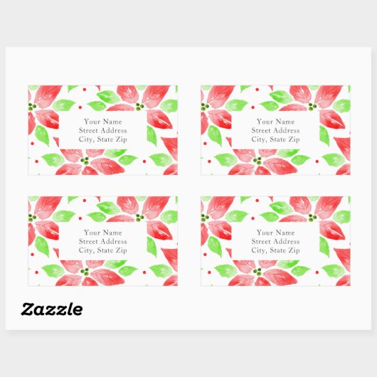 赤い緑の水色のポインセチア模様ラベル 長方形シール (シート)