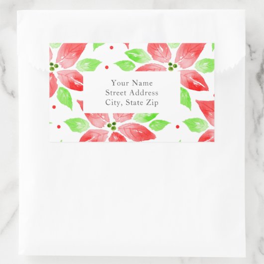 赤い緑の水色のポインセチア模様ラベル 長方形シール (バッグ)