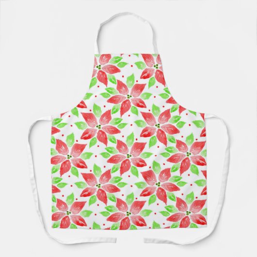 赤い緑の水色のポインセチア模様 エプロン (正面)