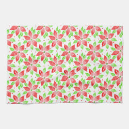 赤い緑の水色のポインセチア模様 キッチンタオル