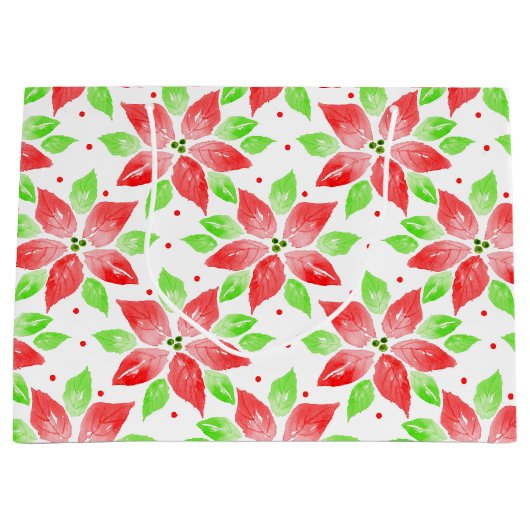 赤い緑の水色のポインセチア模様 ラージペーパーバッグ (正面)