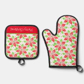 赤い緑の水色のポインセチア模様 鍋つかみ&鍋敷きセット (正面)