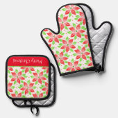 赤い緑の水色のポインセチア模様 鍋つかみ&鍋敷きセット (正面/裏面)