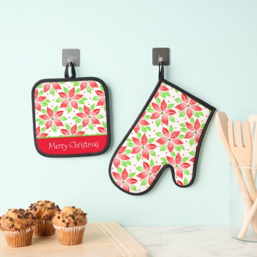 赤い緑の水色のポインセチア模様 鍋つかみ&鍋敷きセット (インサイチュ (吊り下げ))