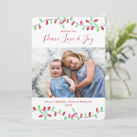 赤い緑の水色クリスマスストリングライト写真 シーズンカード (スタンド正面)