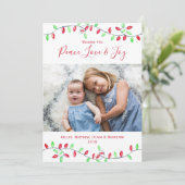 赤い緑の水色クリスマスストリングライト写真 シーズンカード (スタンド正面)