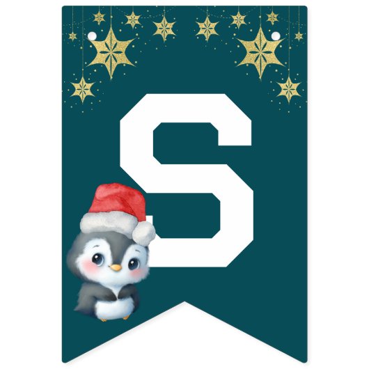 赤い緑の水色ペンギンメリークリスマスパーティー バンティングフラッグ (第15の旗)