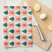 赤い緑の水色メリークリスマスツリーパターン キッチンタオル (四つ折り)