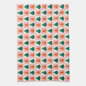 赤い緑の水色メリークリスマスツリーパターン キッチンタオル (縦)