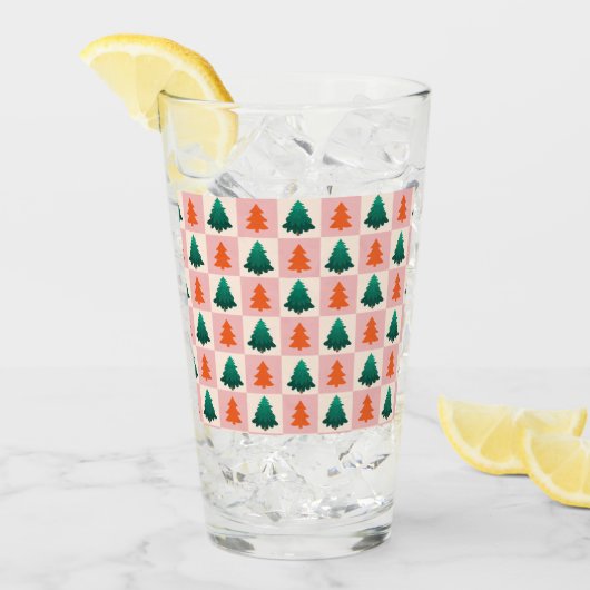 赤い緑の水色メリークリスマスツリーパターン タンブラーグラス (アイス正面)