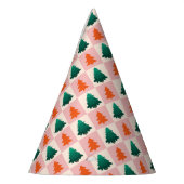 赤い緑の水色メリークリスマスツリーパターン パーティーハット (左)