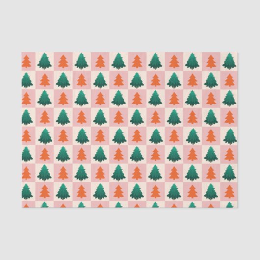 赤い緑の水色メリークリスマスツリーパターン 薄葉紙 (正面)