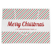 赤い緑の白いストライプクリスマス ラージペーパーバッグ (正面)