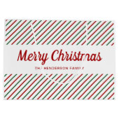 赤い緑の白いストライプクリスマス ラージペーパーバッグ (裏面)