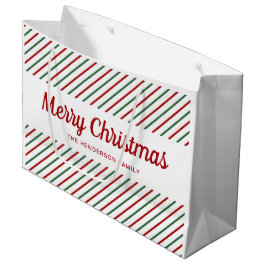 赤い緑の白いストライプクリスマス ラージペーパーバッグ